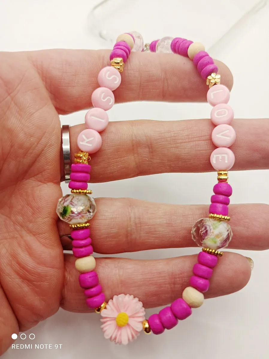 Bijou de portable rose/doré/Murano "LOVE KISS""