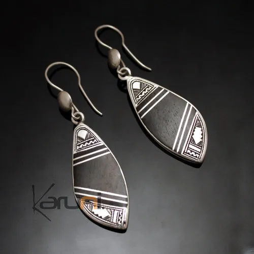 Boucles d'Oreilles en Argent et Ebène 88 Feuille Gravée