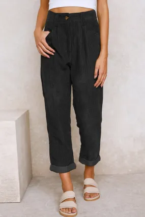 Pantalon droit taille haute en velours ctelé noir