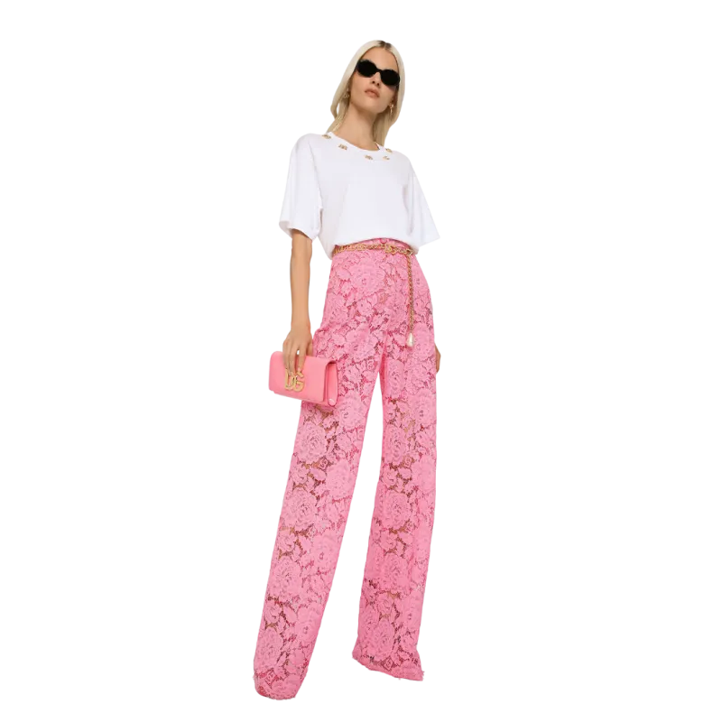 Pantalon flare dentelle rose
