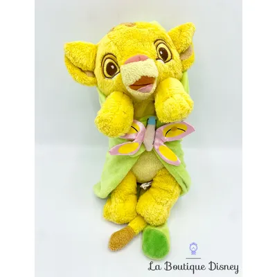 Peluche Simba Le roi lion Disney Babies Disneyland Paris lion couffin couverture verte papillon