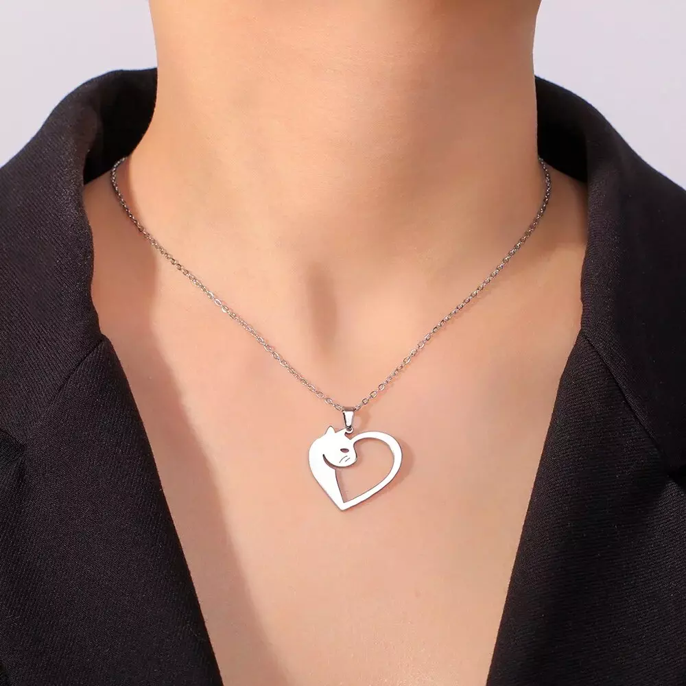 Pendentif chat et coeur or ou argent
