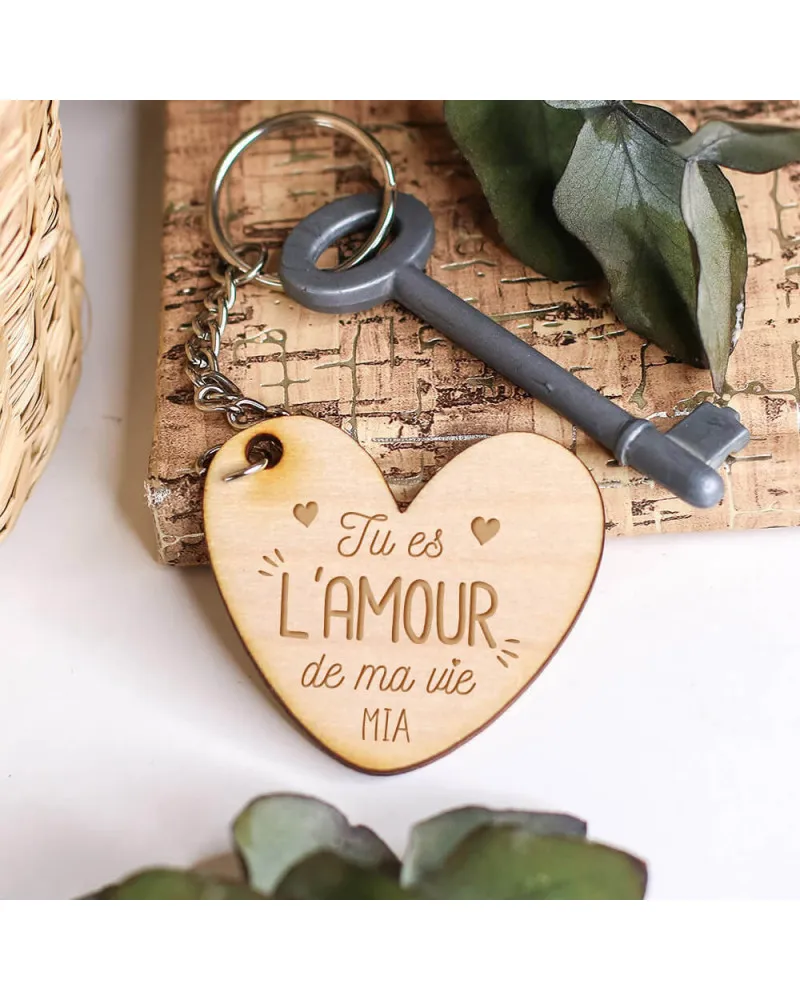 Porte-clés coeur en bois personnalisé - Tu es l'amour de ma vie
