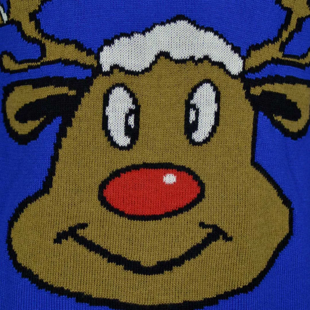 Pull de Nol pour Couple Bleu avec Renne Souriant