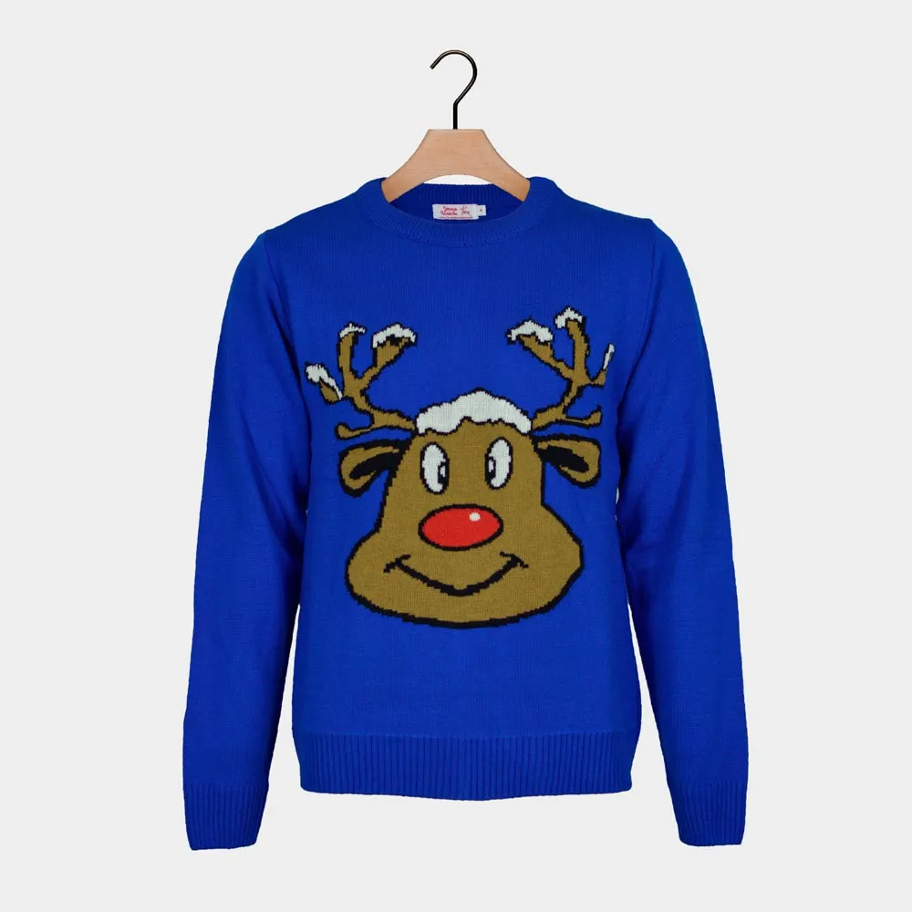 Pull de Nol pour Couple Bleu avec Renne Souriant